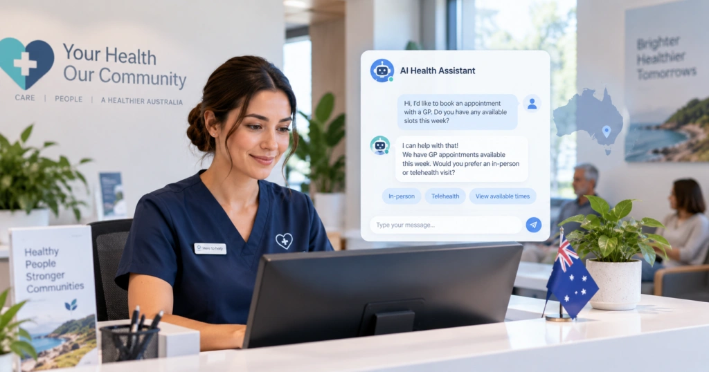 Healthcare chatbot Australia concept showing AI patient enquiry assistance at a medical clinic reception
